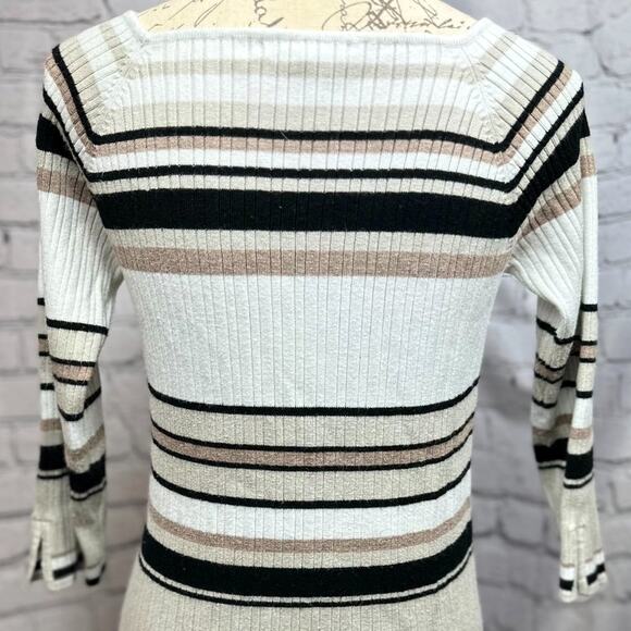Linda Matthews Pullover Striped Sweater Black Taupe White Square Neck L - Picture 7 of 10
